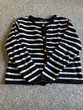 Striped Black & White Button Cardigan Sweater - Classic Women’s Crew
